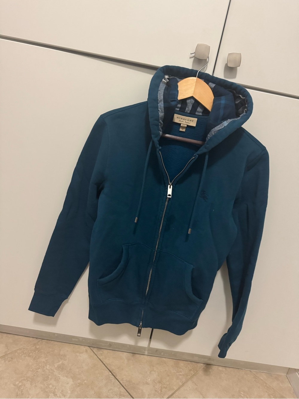 Burberry Teal Blue Hooded Zip Sweater